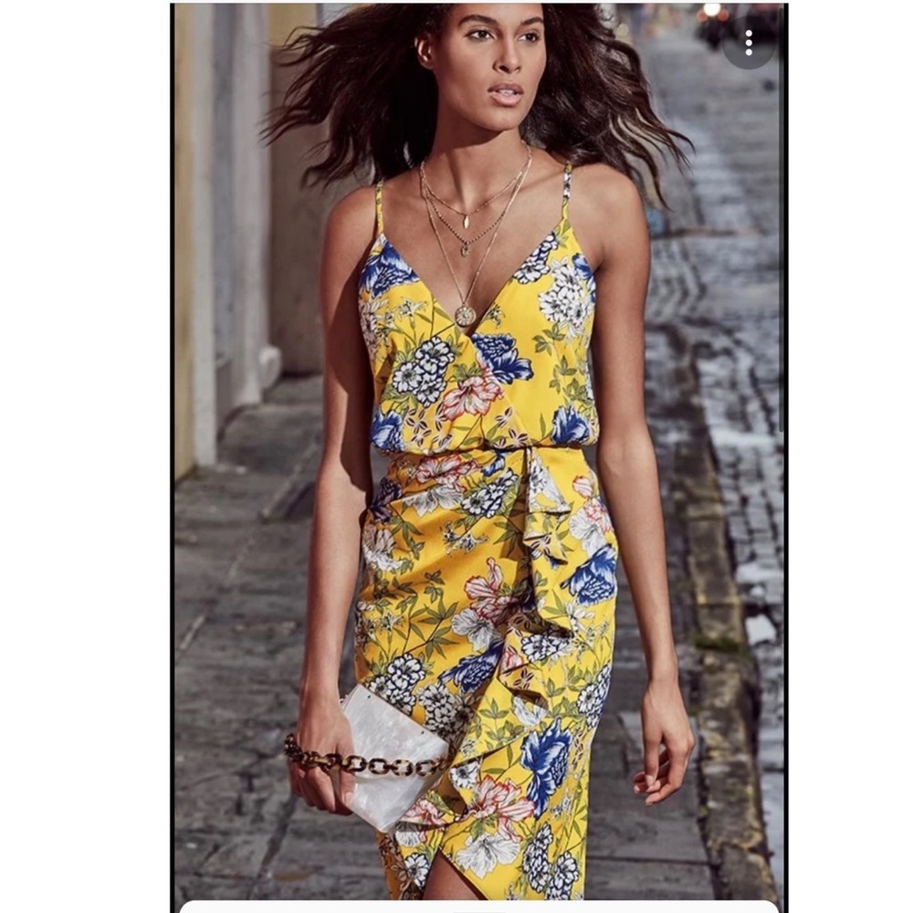 AIDAN MATTOX Floral-Printed Yellow Ruffle Midi Dress